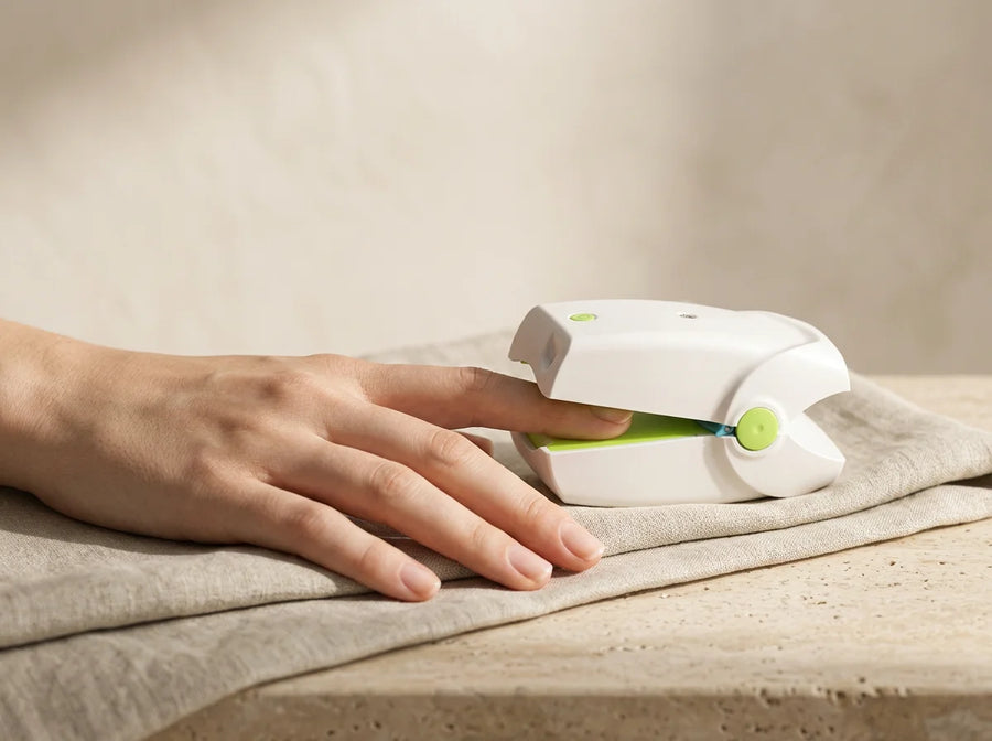 White clip-on device positioned on a fingertip