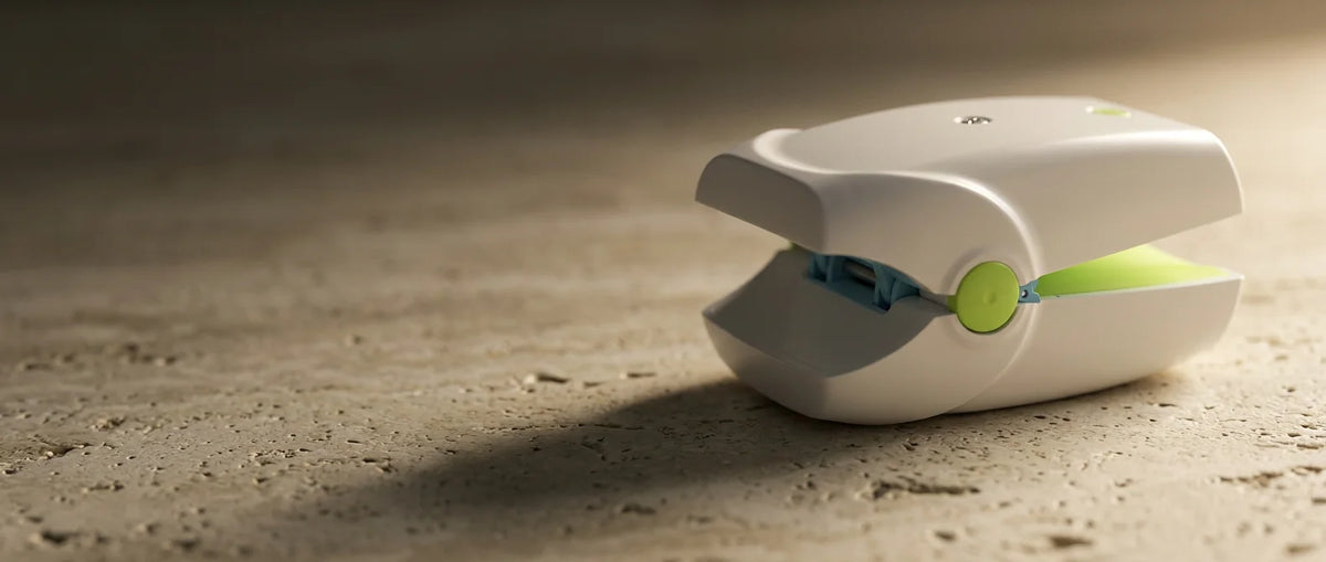 The device on a shelf in daylight