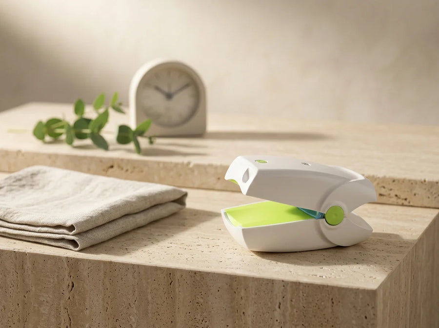 The device resting beside a clock after the session