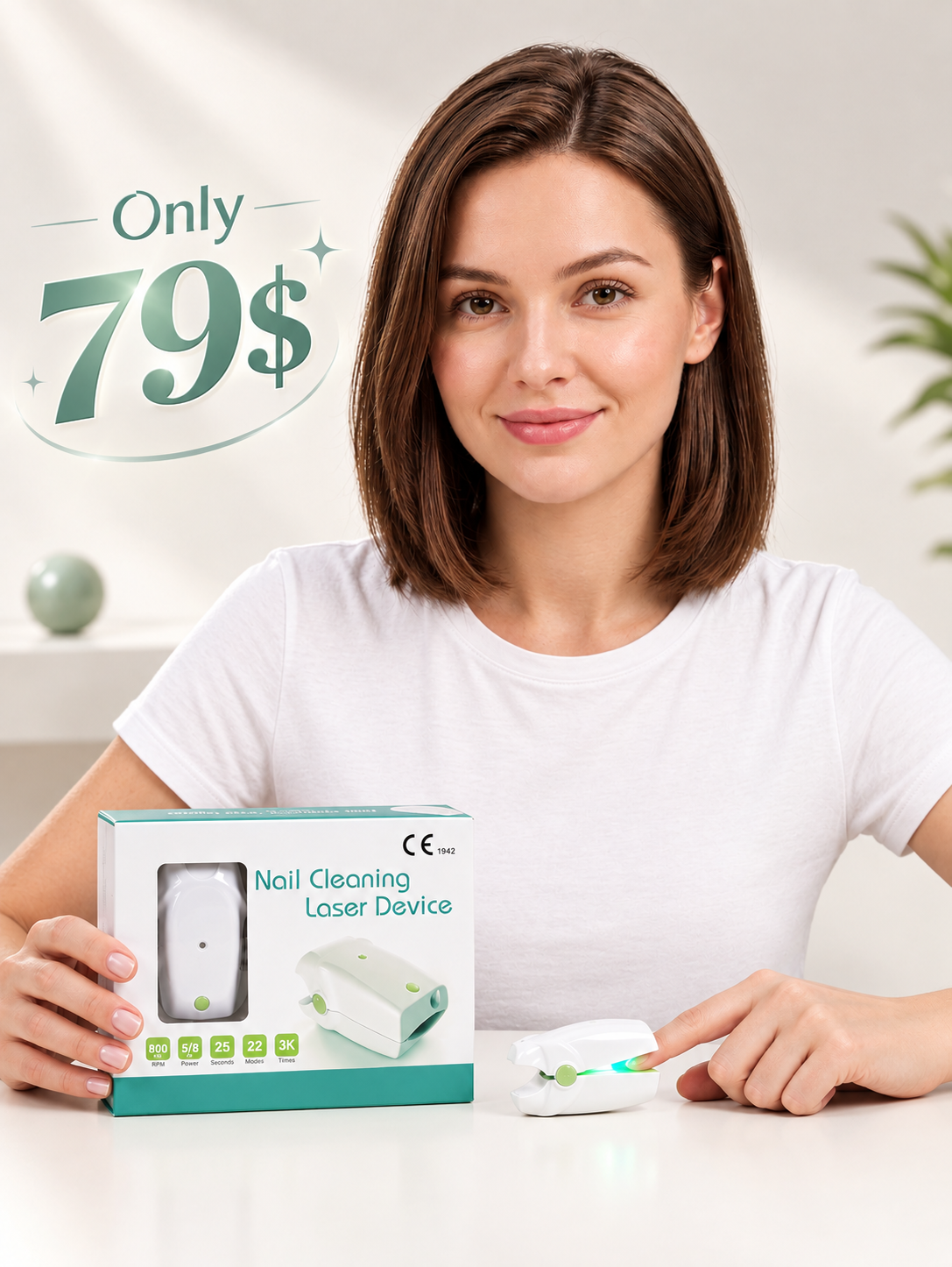 The nail care device resting on a warm stone surface beside a sprig of eucalyptus
