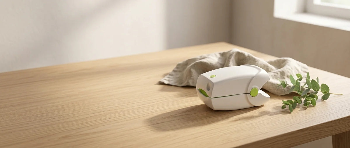 The nail care device on a warm stone surface