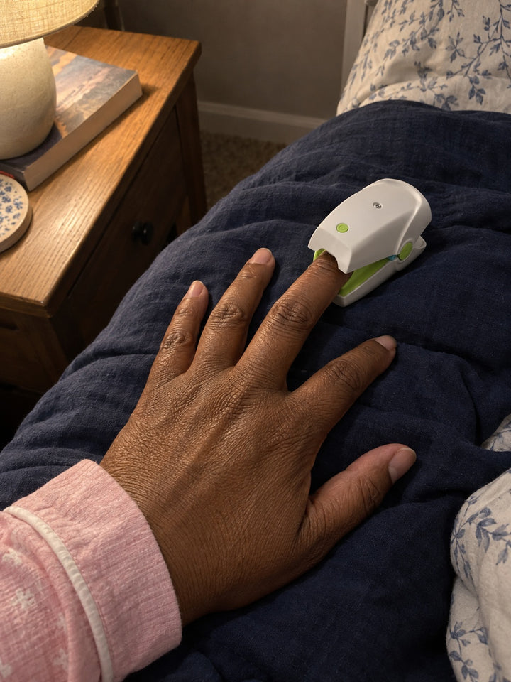 AI-created illustration of a NailNova device used during a bedtime nail-care routine.