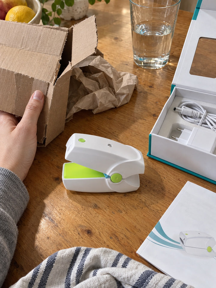 AI-created illustration of a NailNova device being unpacked at a kitchen table.