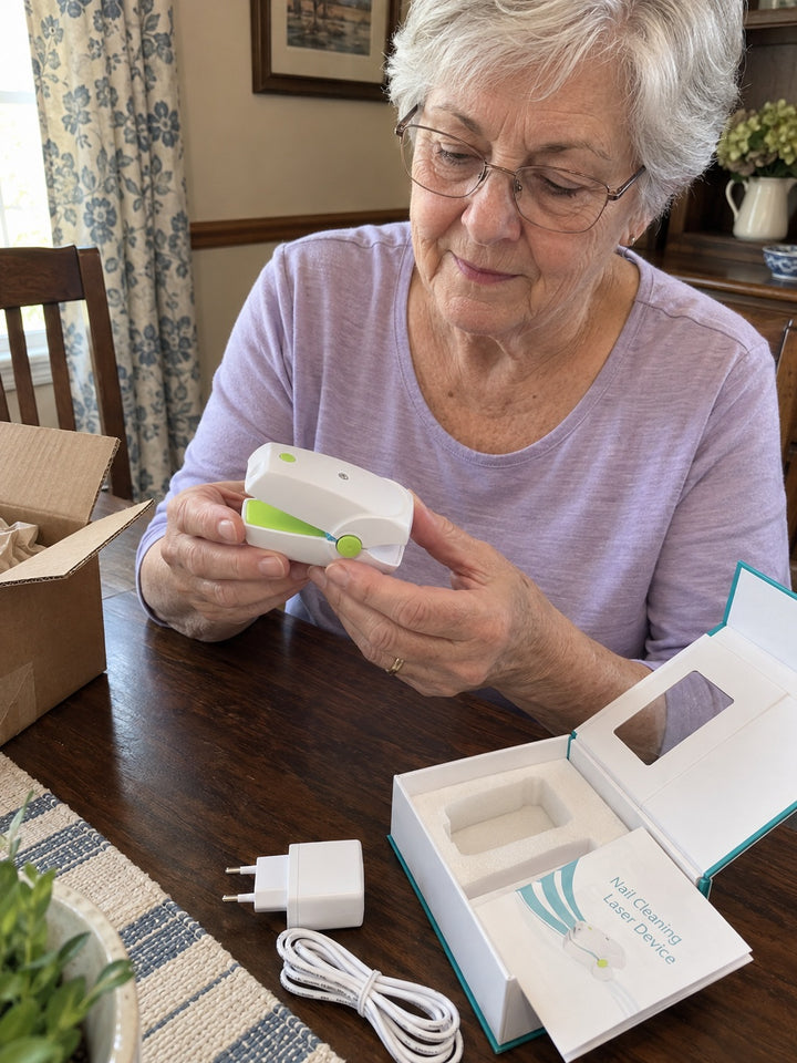 AI-created illustration of a woman unpacking a NailNova device at home.