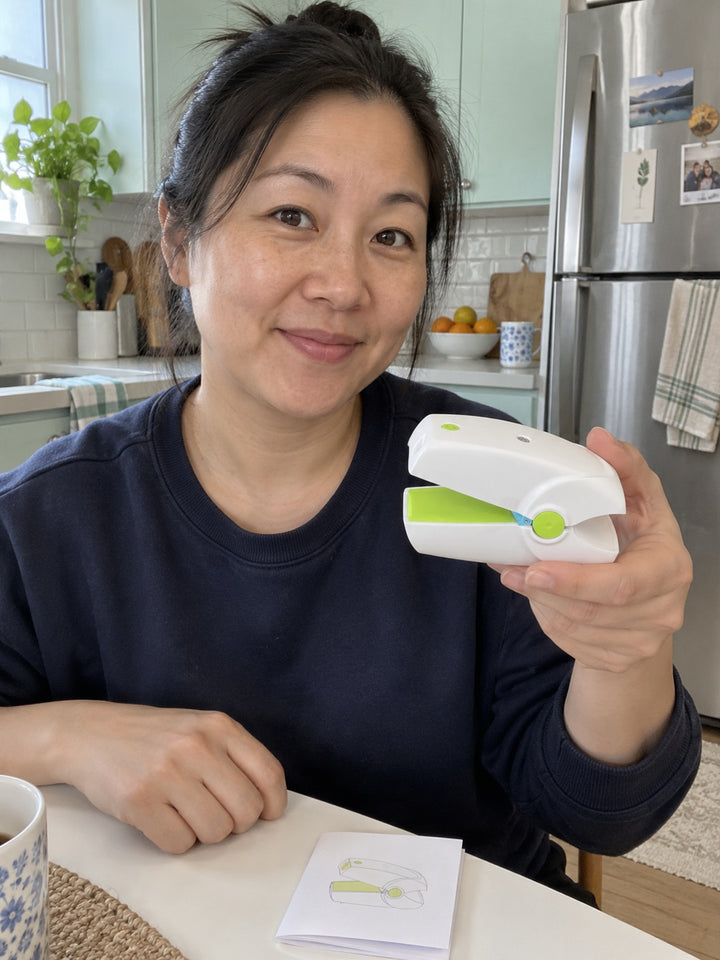 AI-created illustration of a woman holding a NailNova nail-care device.