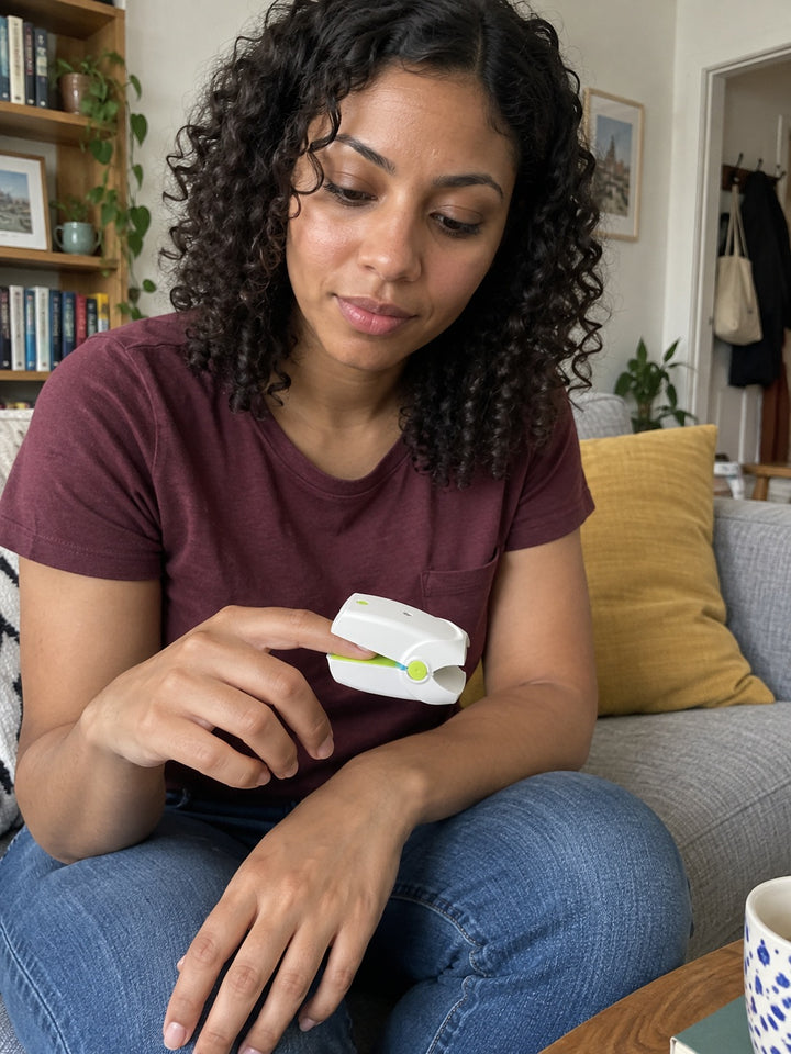 AI-created illustration of a woman using a NailNova device while sitting on a sofa.